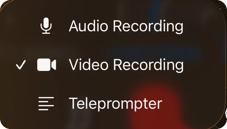 The app's mode menu: Audio Recording, Video Recording ticked, Teleprompter