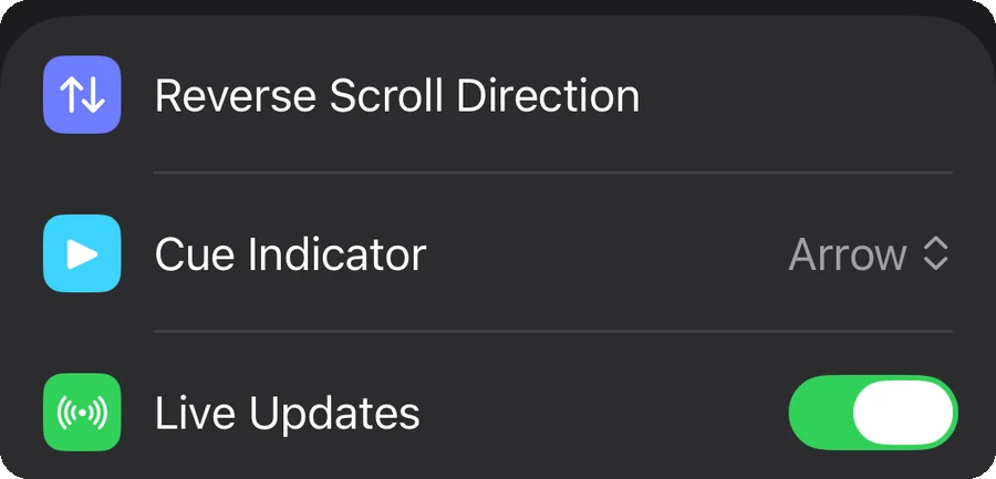 Playback settings: Reverse Scroll Direction, Cue Indicator set to Arrow, Live Updates on