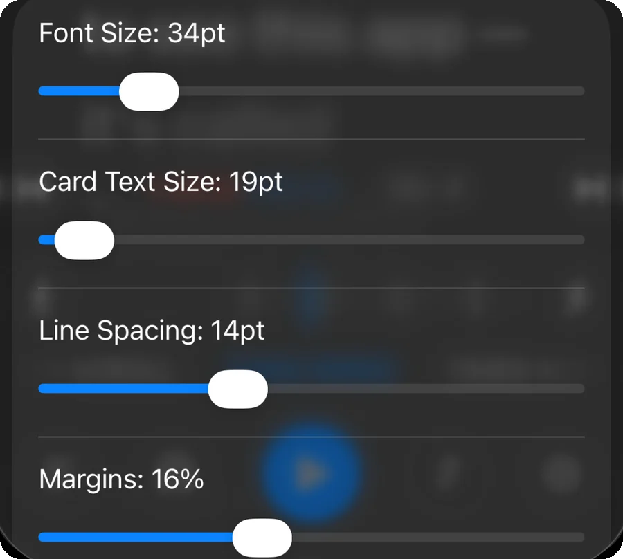 The Text settings card: font size, card text size, line spacing and margins sliders